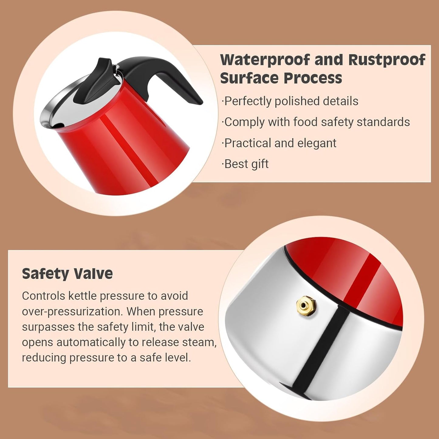 Moka Pot, 6 Cups (10.6 oz) Stovetop Espresso Maker, 304 Stainless Steel Moka Pot, Induction Compatible, Red