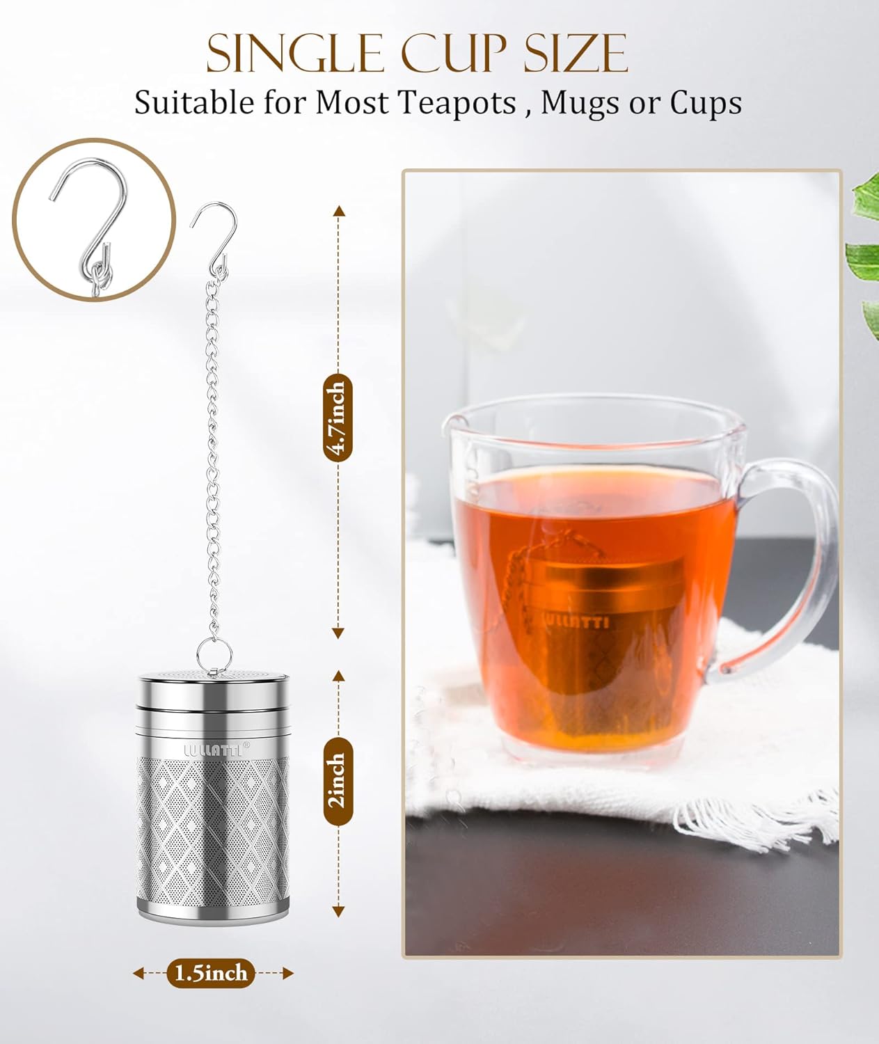 Tea Infuser (1 Pack), Extra Fine Mesh Loose Leaf Tea Steeper with Diamond Pattern & Extended Long Chain, 18/8 Stainless Steel Tea Ball Strainer for Brewing All Kinds of Tea