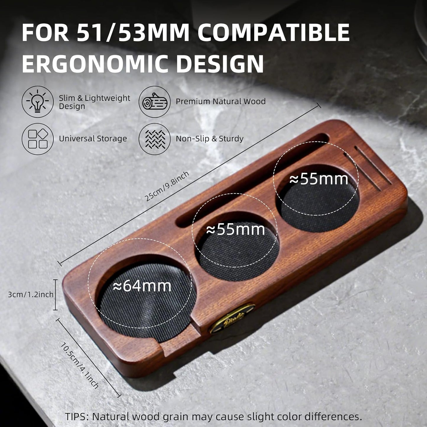 Bincoo 51/53mm Espresso Tamping Station - Sapele Coffee Bar Organizer with Non-Slip Mat, Multi-Slot Design for Counter, Holds Tamper,Distributor, Basket Holder