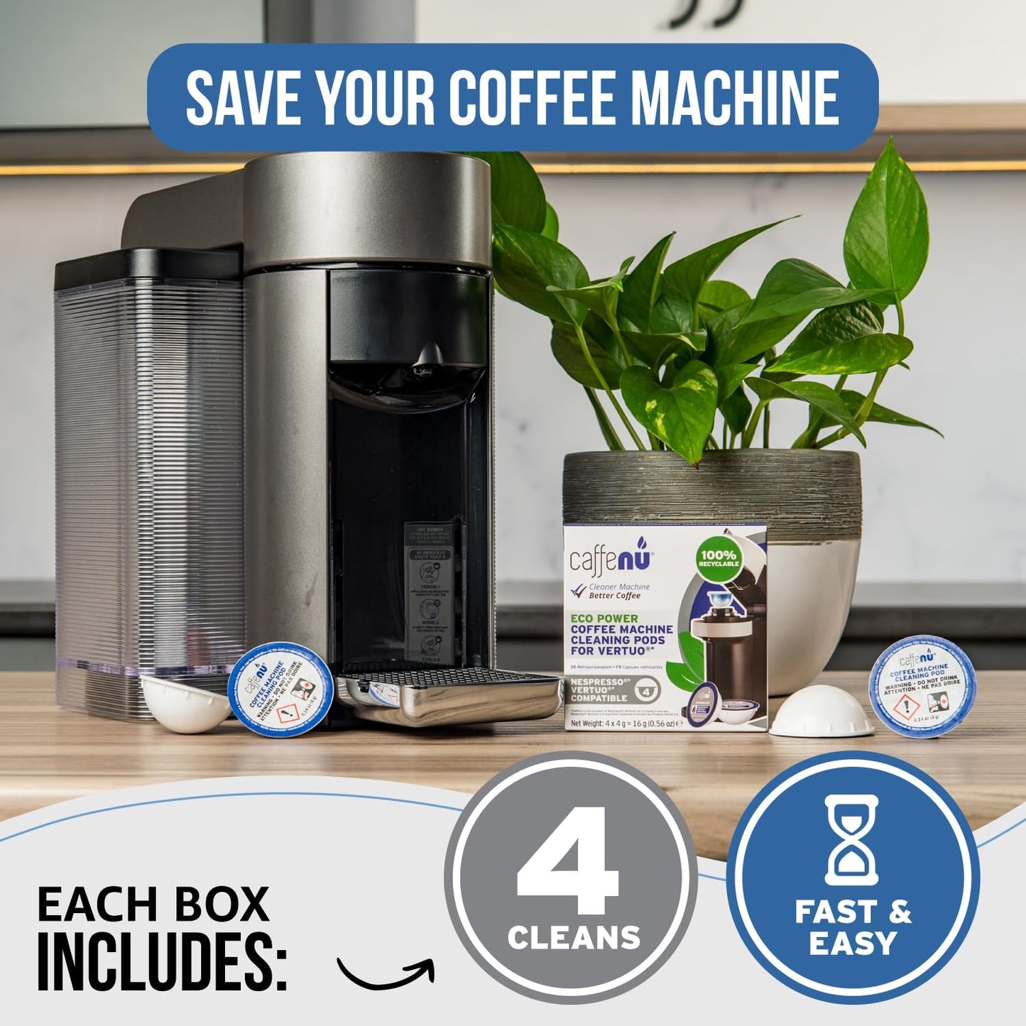 Caffenu Cleaning Pods Compatible with Nespresso Vertuo. 4 Cleaner Capsules. For Improved Coffee Flavor and Crisp Coffee. Use with Descaling Kit