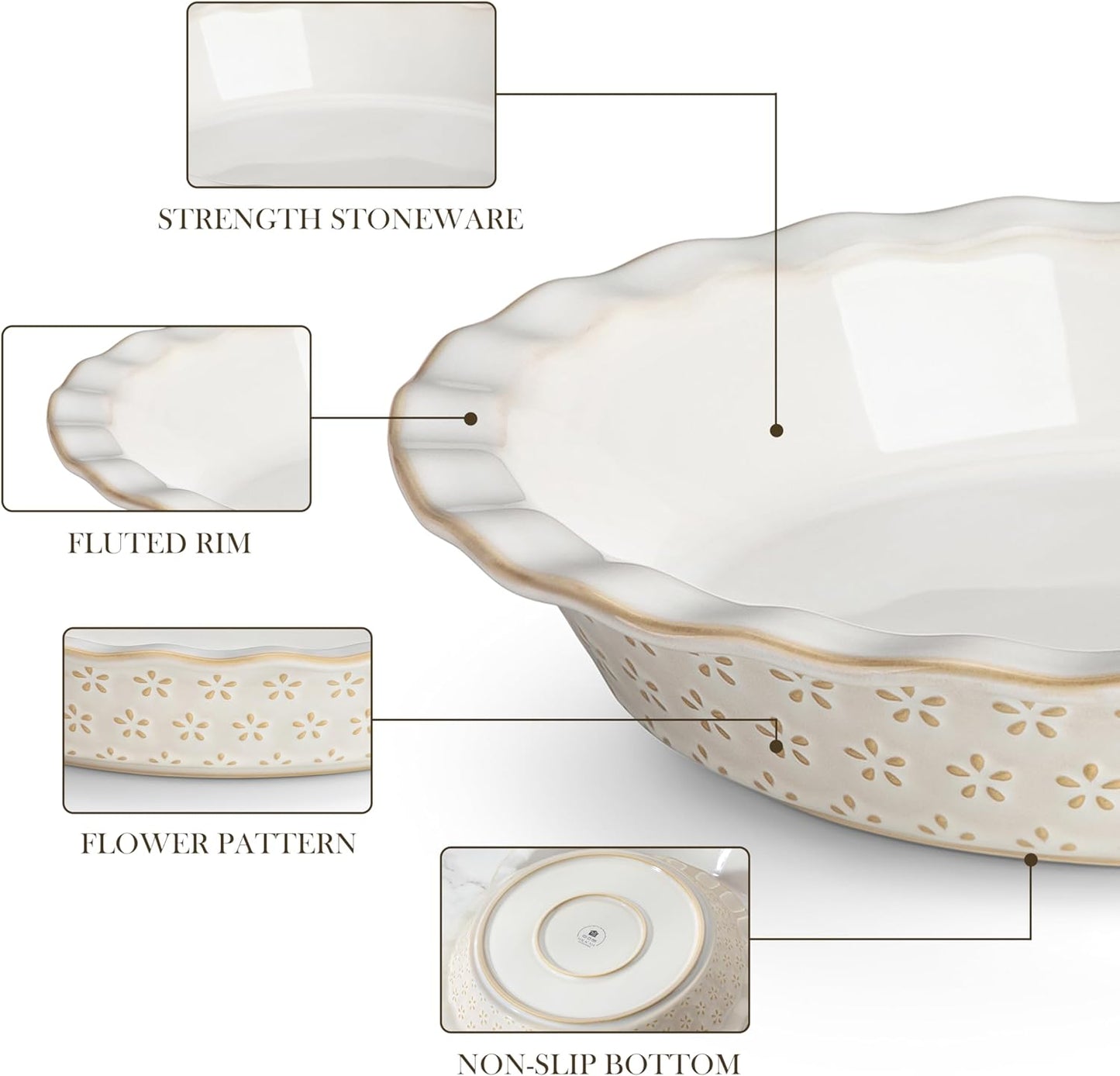 MALACASA Pie Pan, Stoneware Pie Dish for Baking, 45 OZ Deep Dish Pie Pans 9 Inch, Embossed Quiche Baking Dish for Oven, Fluted Dish Pie Plate for Apple Pie, Pot Pie and Quiche, Set of 1, Series LYDIA