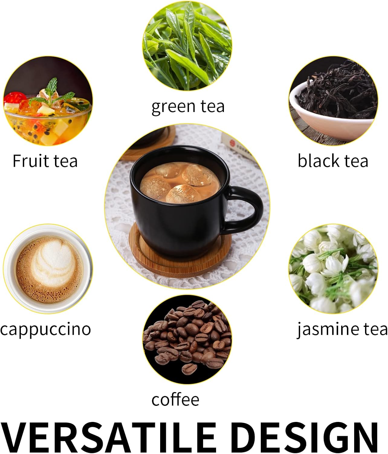 Hasense 4 OZ Espresso Cups and Saucers Set of 6, Demitasse Cups with Handle for Latte, Cappuccino, Cafe Mocha and Tea, Porcelain Coffee Cups for Coffee Bar and Party, Black