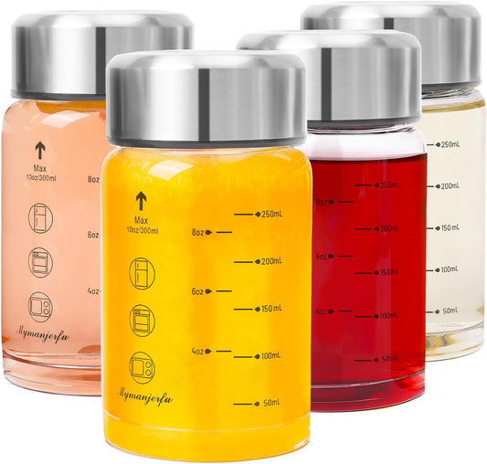 Glass Juice Bottles 4 Pack 10 oz - Wide Mouth Glass Water Bottles with Lids - for Juicing, Smoothies, Milk, Protein, BPA Free, Reusable, Stainless Steel Lids, Leak Proof, Shaker bottle [10oz/300ml]