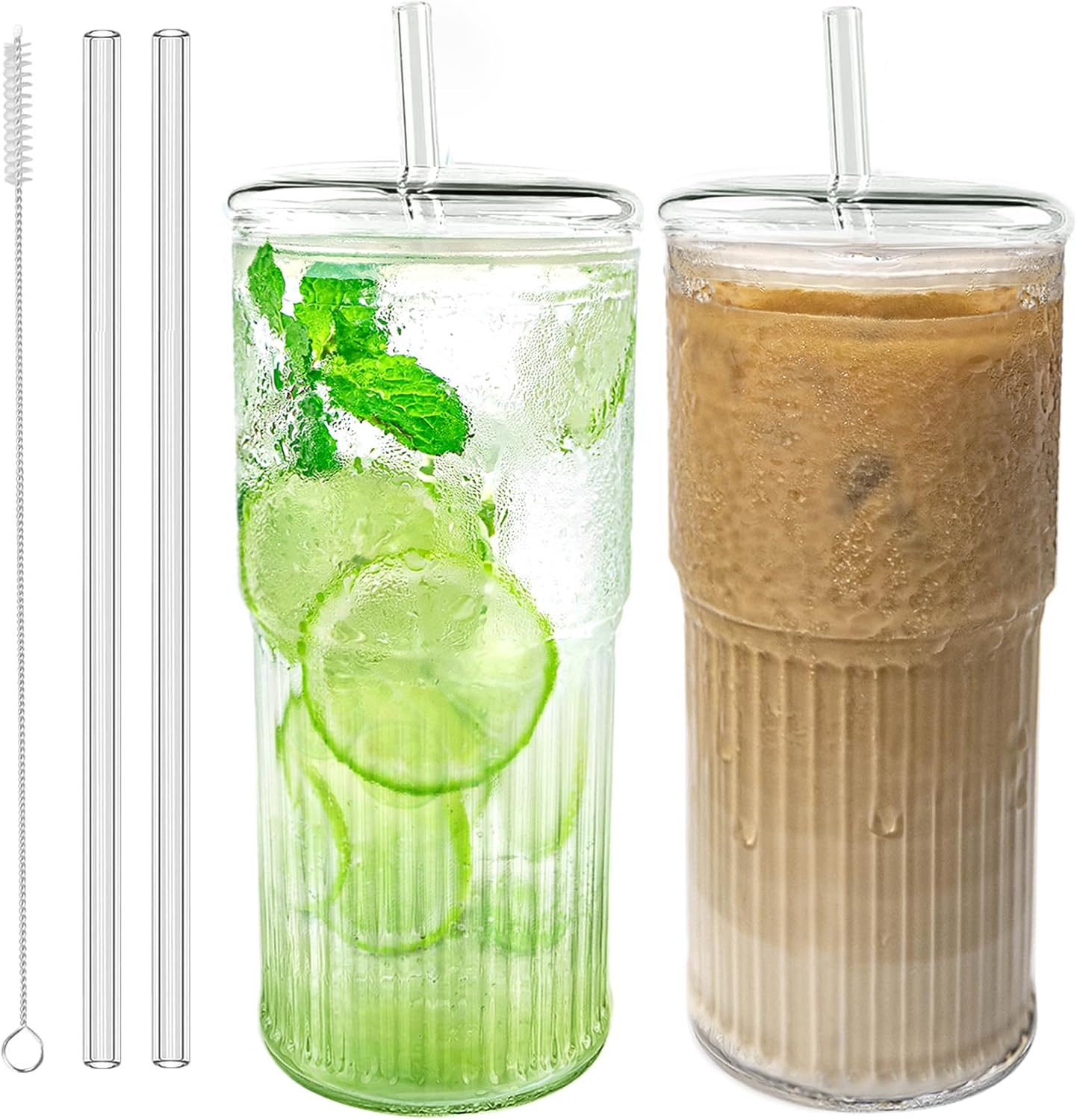 Glass Cups with Lids and Glass Straws, High Borosilicate 20OZ Tumblers (2Pcs) for Coffee, Tea, Juice, Smoothies, Hot/Cold Drinks at Home, Office