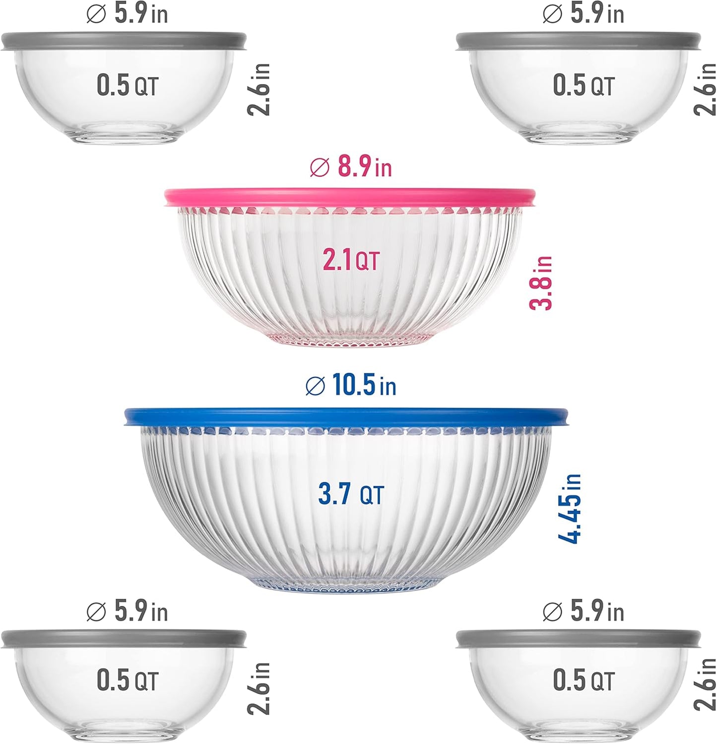 Set of 6 Stackable Space-Saving Nesting Glass Bowls with BPA Free Lids for Foodprep, Storage, Baking, Mixing & Cooking, Microwave Safe - Durable Inert Borosilicate Glass