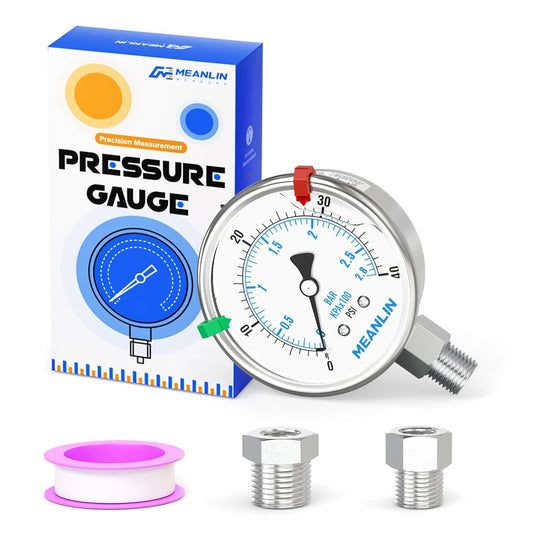 MEANLIN MEASURE 0~40Psi Stainless Steel Liquid Filled Pressure Gauge 2.5" FACE DIAL 1/4" NPT for Pool Sand Filter Water Oil Air Pressure Test Lower Mount with Stainless Steel Hex Bushing and Snaps