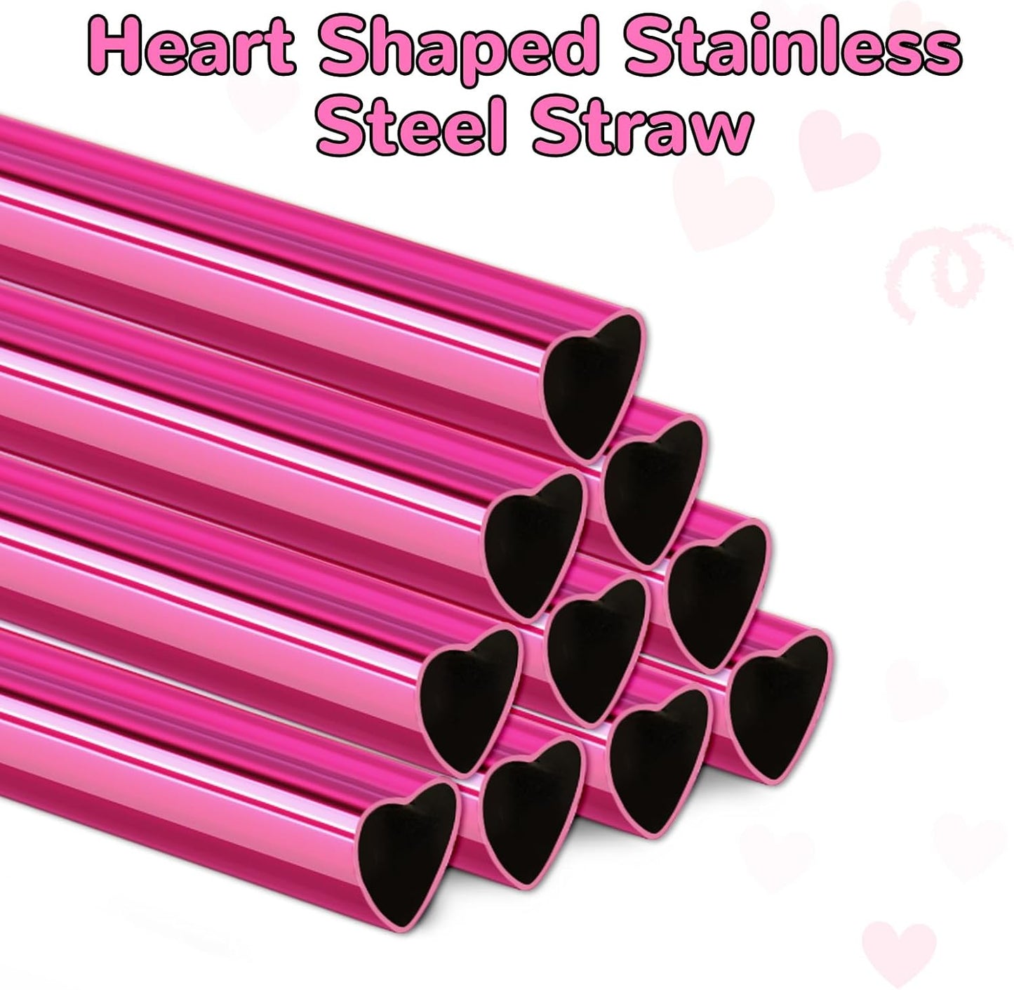 NiHome 10-Pack Heart-Shaped Stainless Steel Drinking Straws with 2 Cleaning Brushes, 12" Long Reusable Straws for Stanley Tumbler 30oz 40oz, Dishwasher Safe, Safe Edges for Kids (Pearl Hot Pink)