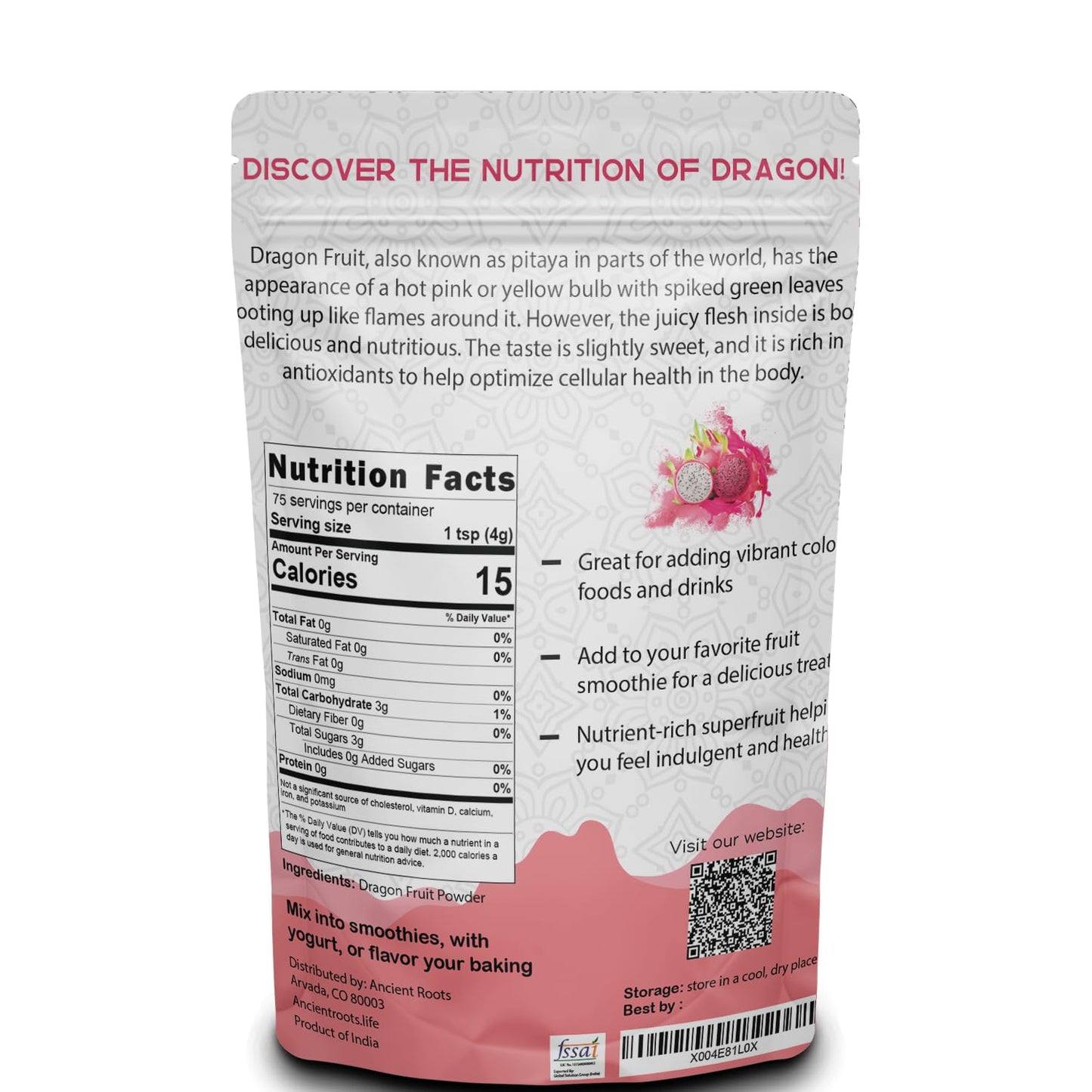 Ancient Roots Dragon Fruit Powder - All-Natural Food Coloring, Filled with Antioxidants, 75 Servings (10.5 ounces)