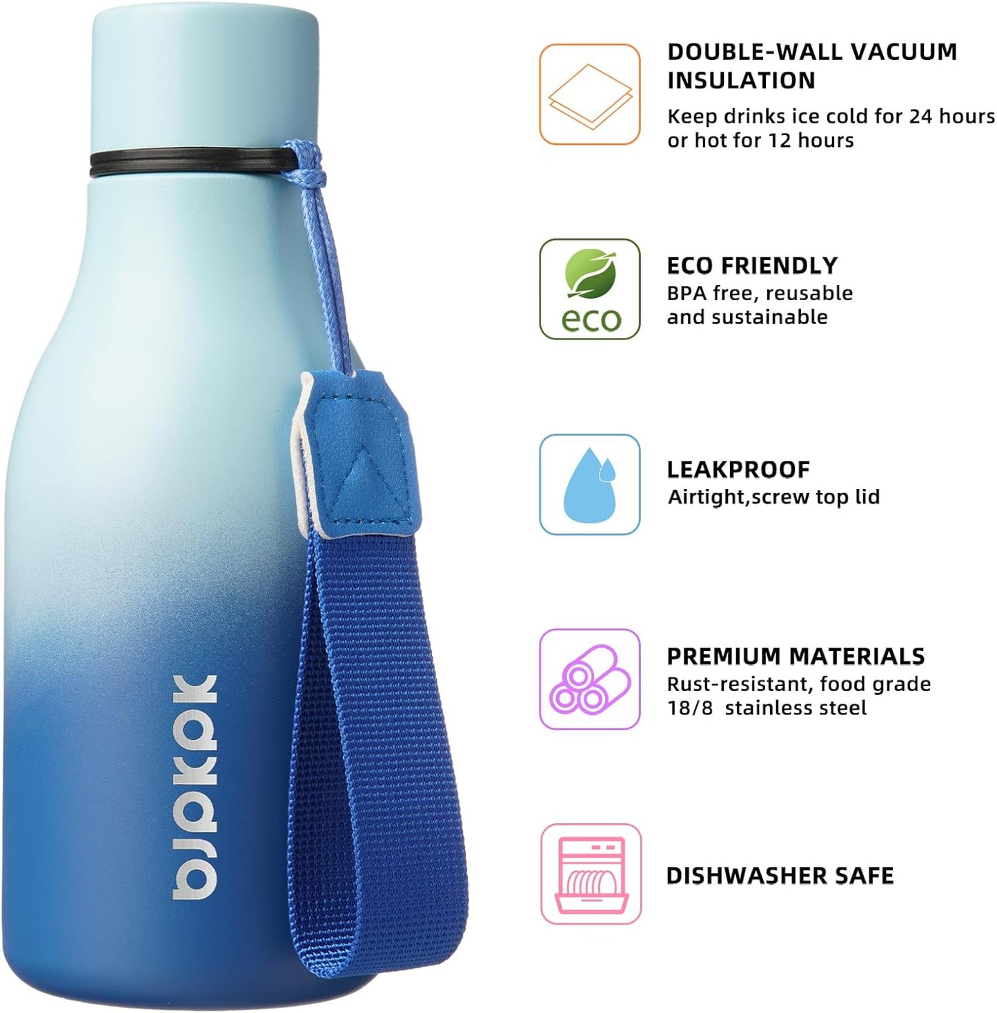 BJPKPK Insulated Water Bottles, 12oz Stainless Steel Metal Water Bottle with Strap, BPA Free Leak Proof Thermos, Mugs, Flasks, Reusable Water Bottle for Sports & Travel, Sky