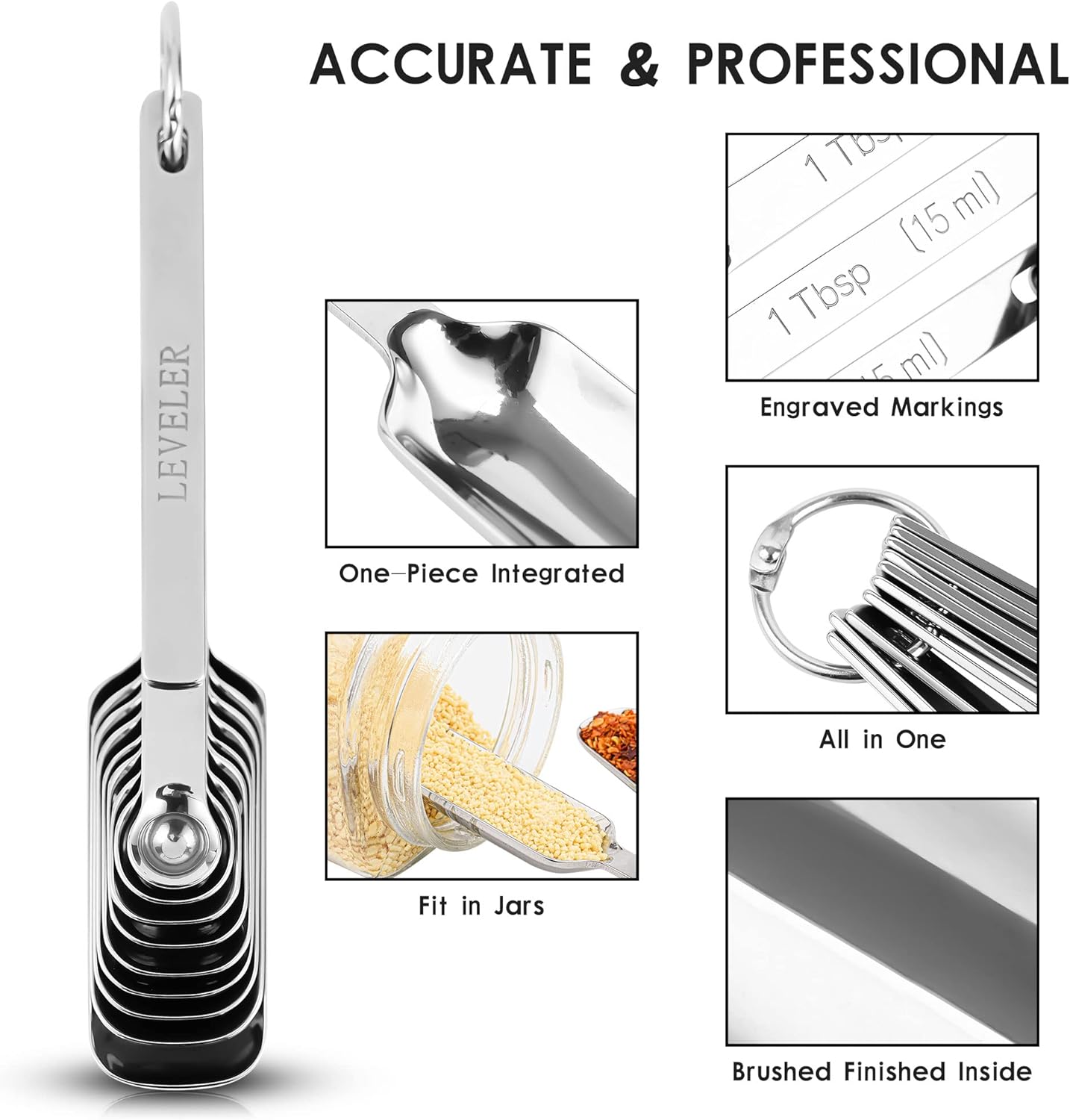 Measuring Cups and Spoons Set, 18/8 Stainless Steel Measuring Cups and Spoons set 17, Metal 7 Metric Measure Cups and 9 Dry Measure Spoons with 1 Leveler for Kitchen & Baking
