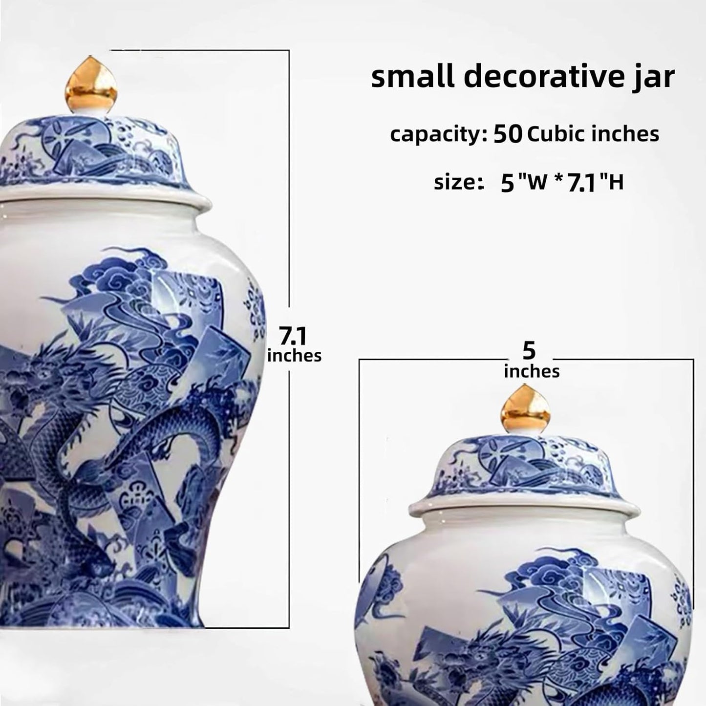 7 inches dragon Ginger Jar - blue white Ceramic Decorative with Lid flower vase， chinoiserie gift Enamel jars for Home/Kitchen/Dining/living room/shelf decor/Tea Storage
