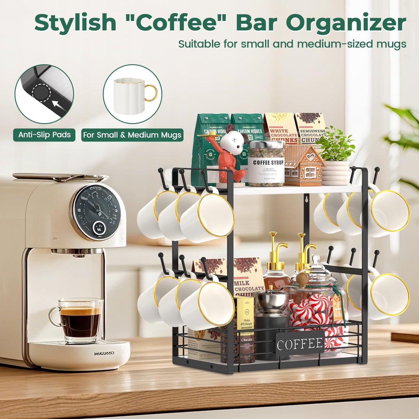 EsLuker.ly Coffee Mug Cup Holder Stand Bar Station Organizer for Countertop, Multi-Functional 2 Tier Mug Tree Rack for Kitchen, Storage Shelf with 12 Hooks, White-Black(Patented Design)