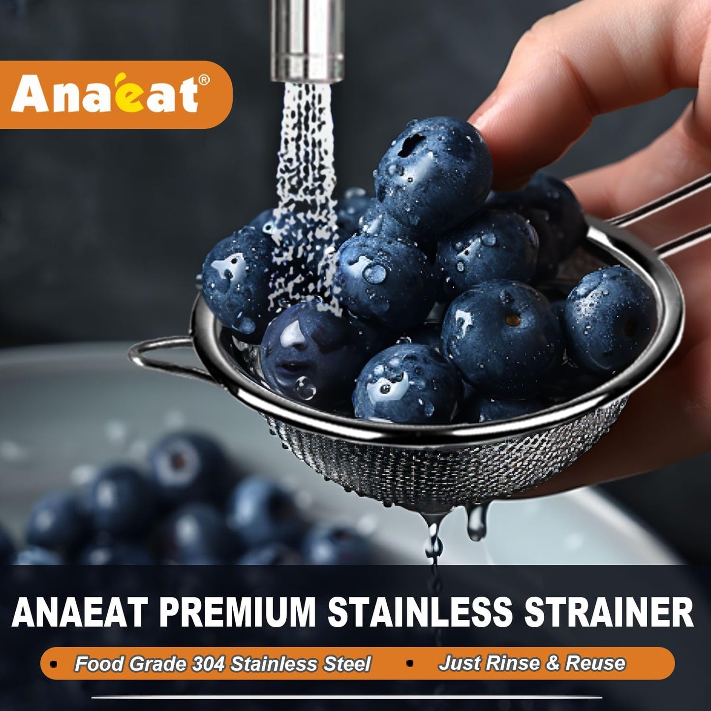 Anaeat Fine Mesh Strainers - Premium Stainless Steel Colander Sieve Sifters, with Durable Mesh and Sturdy Handle, Excellent for Sifting Dry ingredients, Flour, Pastas, Rice, Tea (3.15"+5.5"+7.87")
