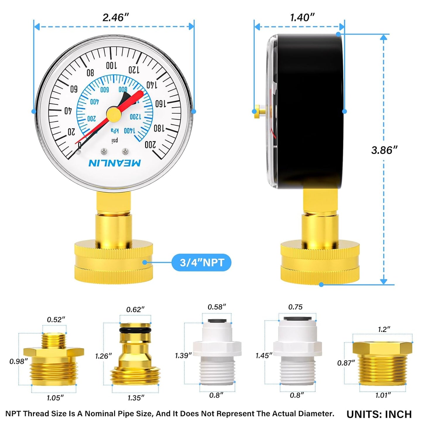 MEANLIN MEASURE 0~200Psi 3/4" Female Water Pressure kit Plus 5 adapters, 2.5" FACE DIAL Multi-Purpose Pressure Gauge kit with Red Indicator Hands, Hydraulic Tester Suitable for Gardens, Water Pipes