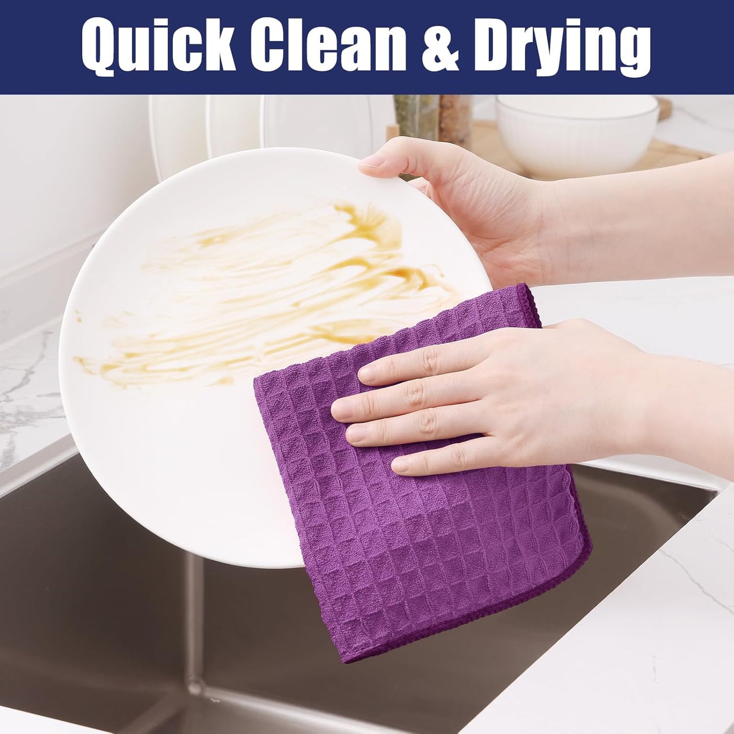 Homaxy Microfiber Waffle Weave Kitchen Towels, 16 x 28 Inch Ultra Absorbent and Solid Color Dish Towels, 6 Pack, Purple