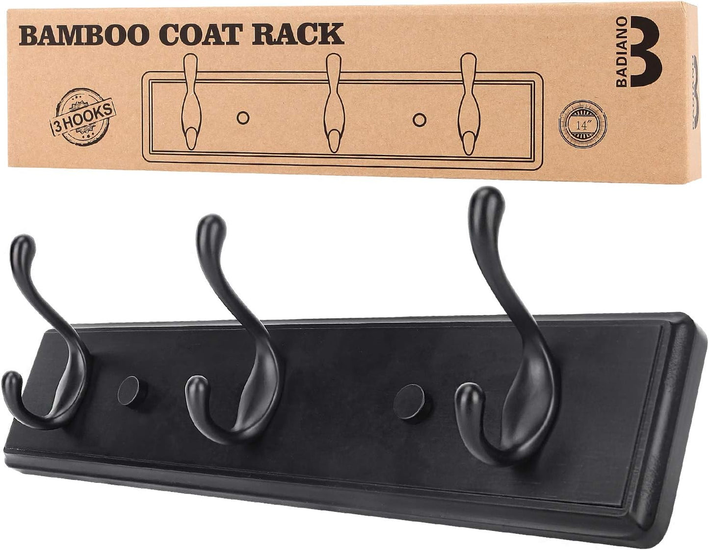 Wooden Coat Rack, Wall-Mounted Organizer for Closet, Entryway, Hallway, Foyer, Bedroom, Heavy Duty Double Hooks for Hanging Towels, Bags, Hats, Jackets, Key (Black, 3 Hooks)