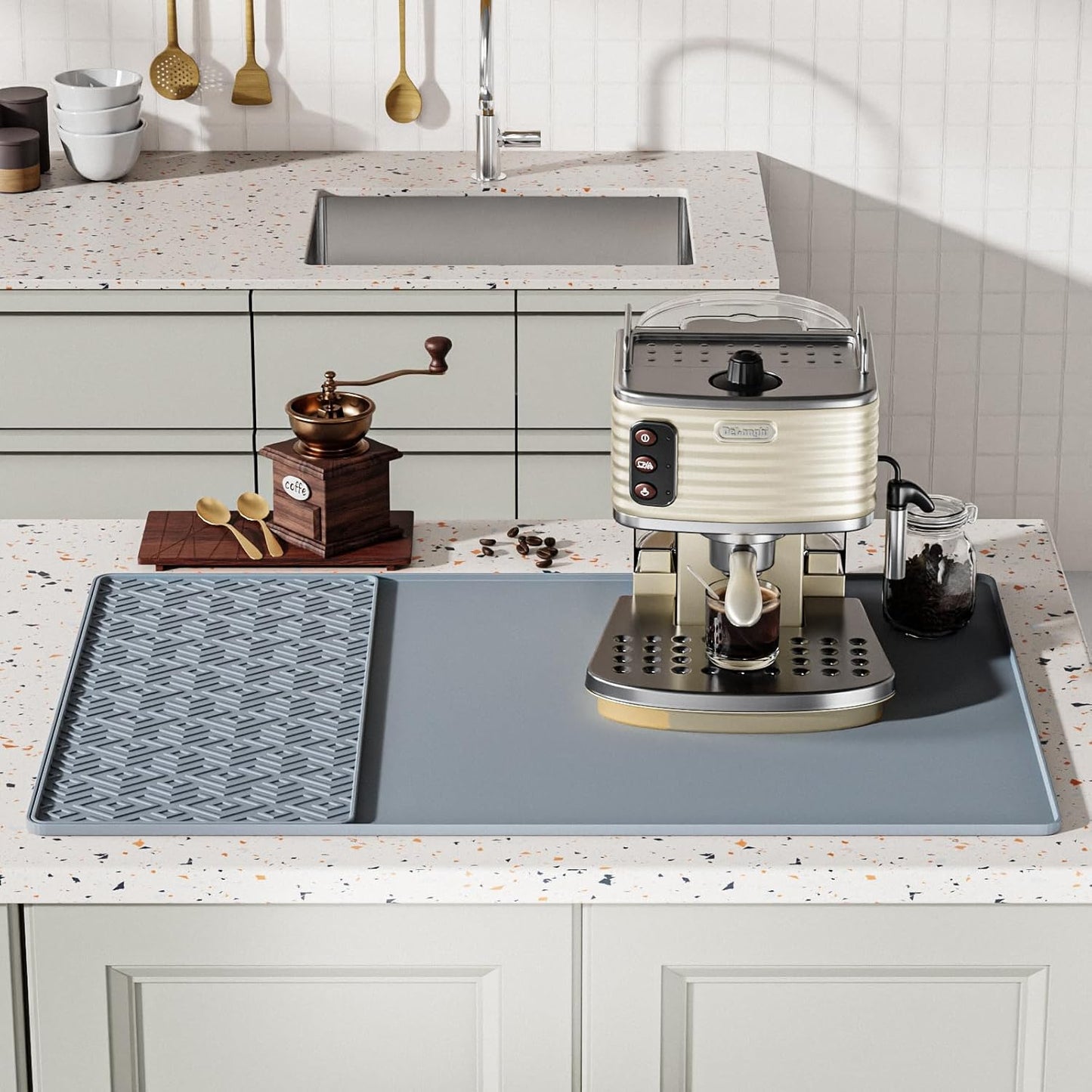 Silicone Coffee mat 24''x16'' – Non-Slip Bar Mat with Detachable Drying Layer for Espresso Machines, Countertops & Dish Racks