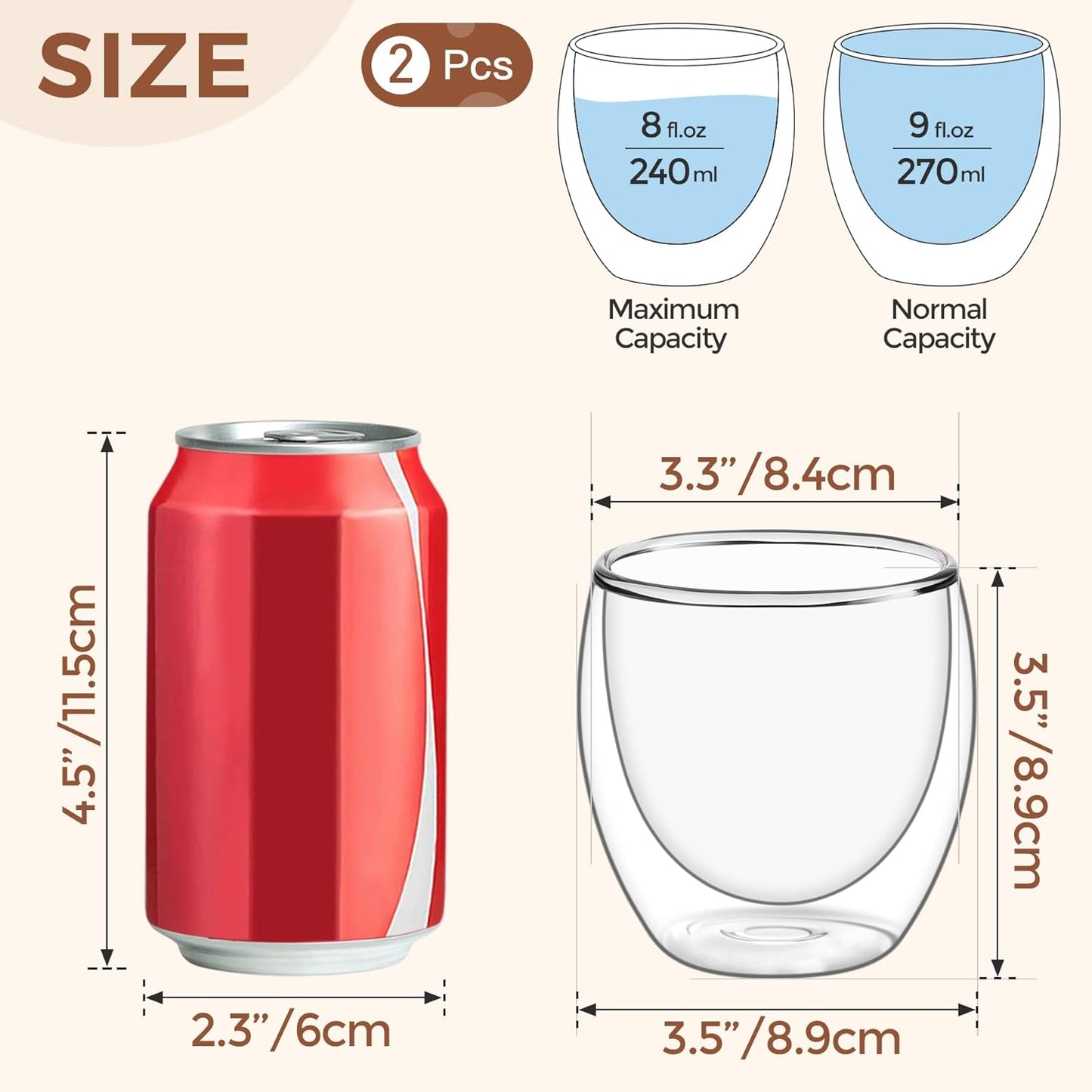 ComSaf Cappuccino Cup 8 oz, Glass Coffee Cups Set of 2, Double Walled Glass Coffee Mugs for Caramel Macchiato, Latte, Flat White, Lungo, Coffee Mug Set Gift for Christmas, Birthday