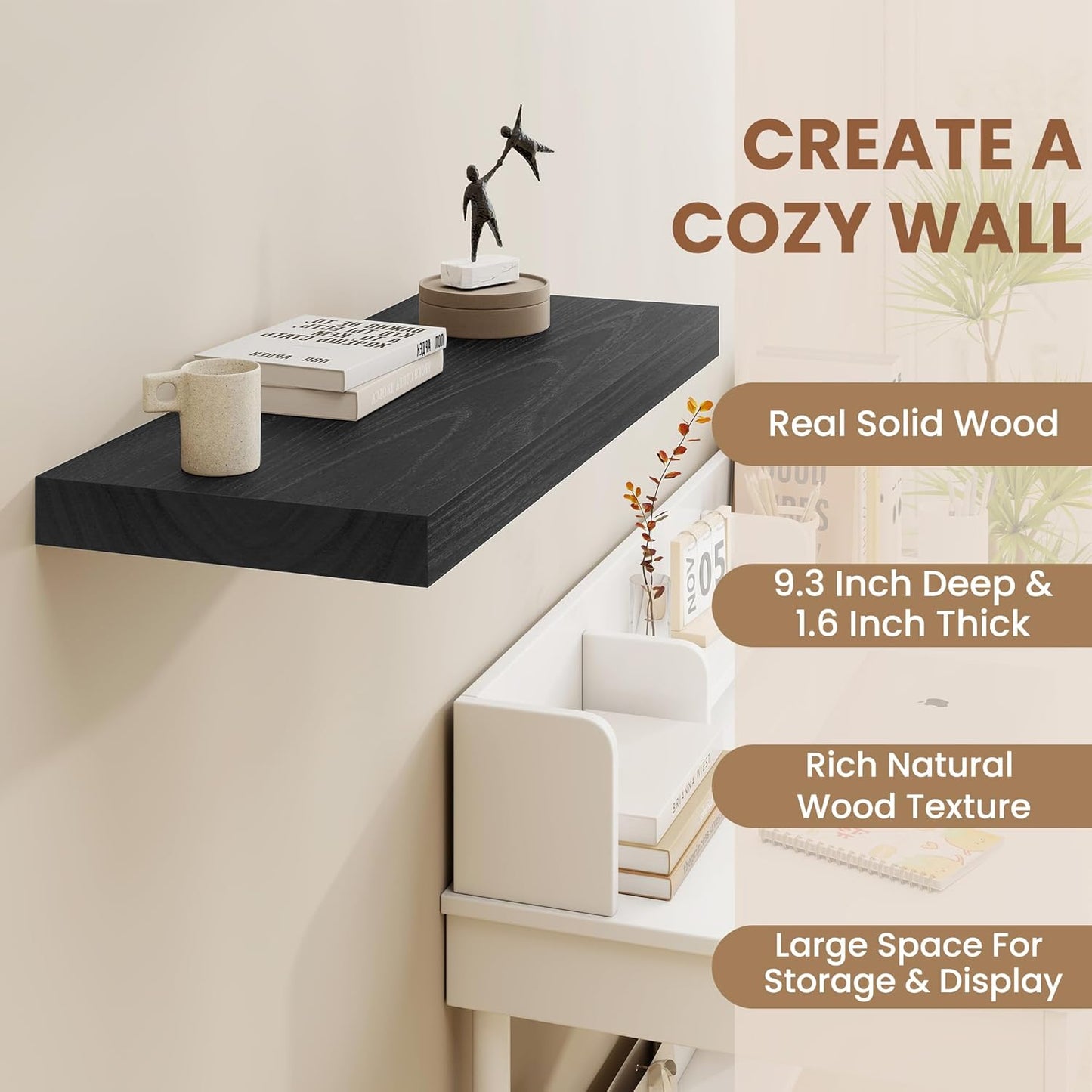 Fun Memories 48" Black Floating Shelves, 9.3 Inch Deep Floating Shelves for Wall, Rustic Wooden Wall Shelves for Home Decor, Large Fireplace Mantel for Storage, Deep Floating Shelf Set of 1