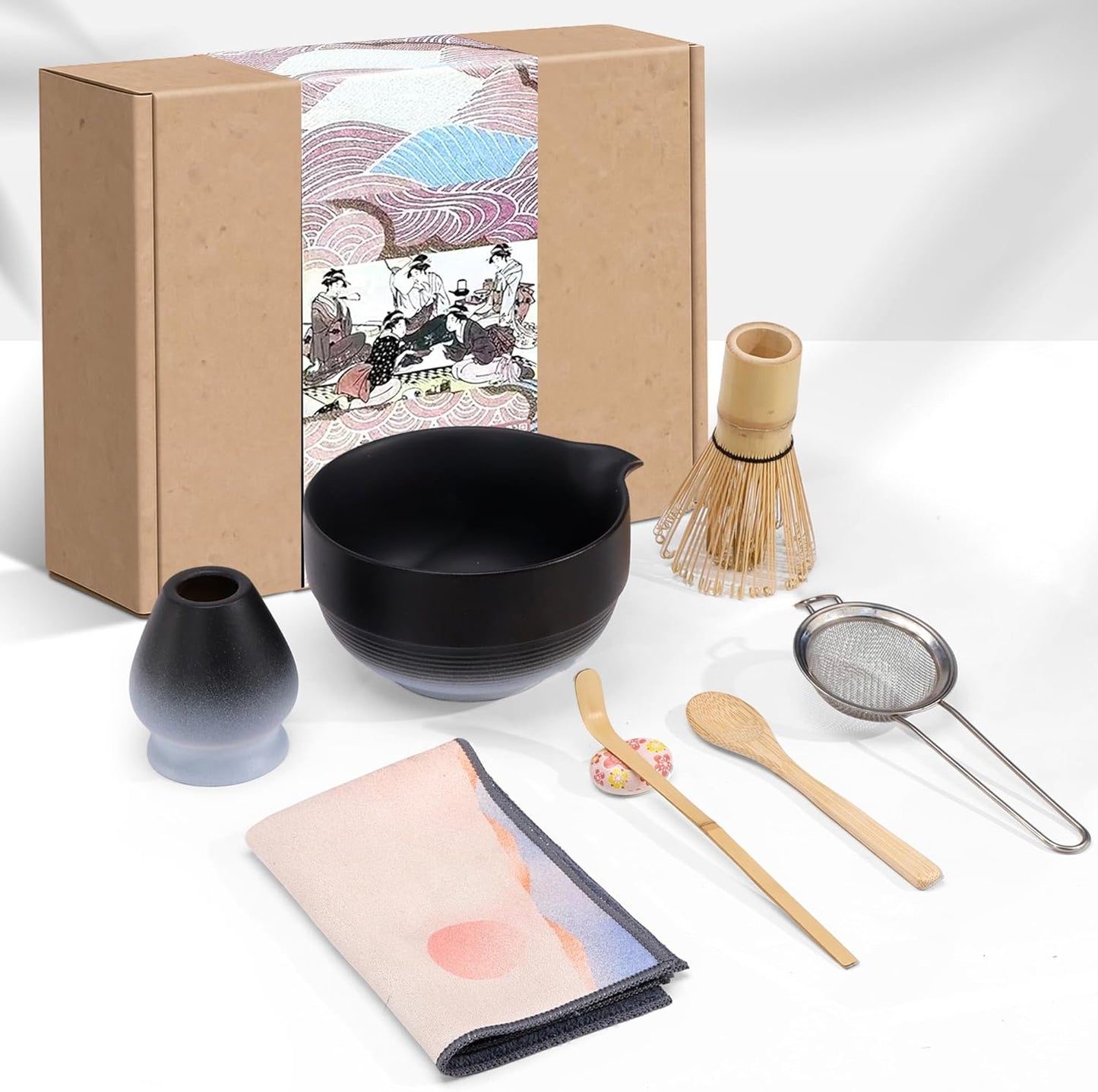 Matcha Whisk Set,includes Matcha Bowl,Matcha Whisk and Holder by Bamboo, Spout, Matcha Sifter Strainer Spoon Scoop Chasen Holder Towel- Perfect Japanese Matcha Set(8 Pcs White)