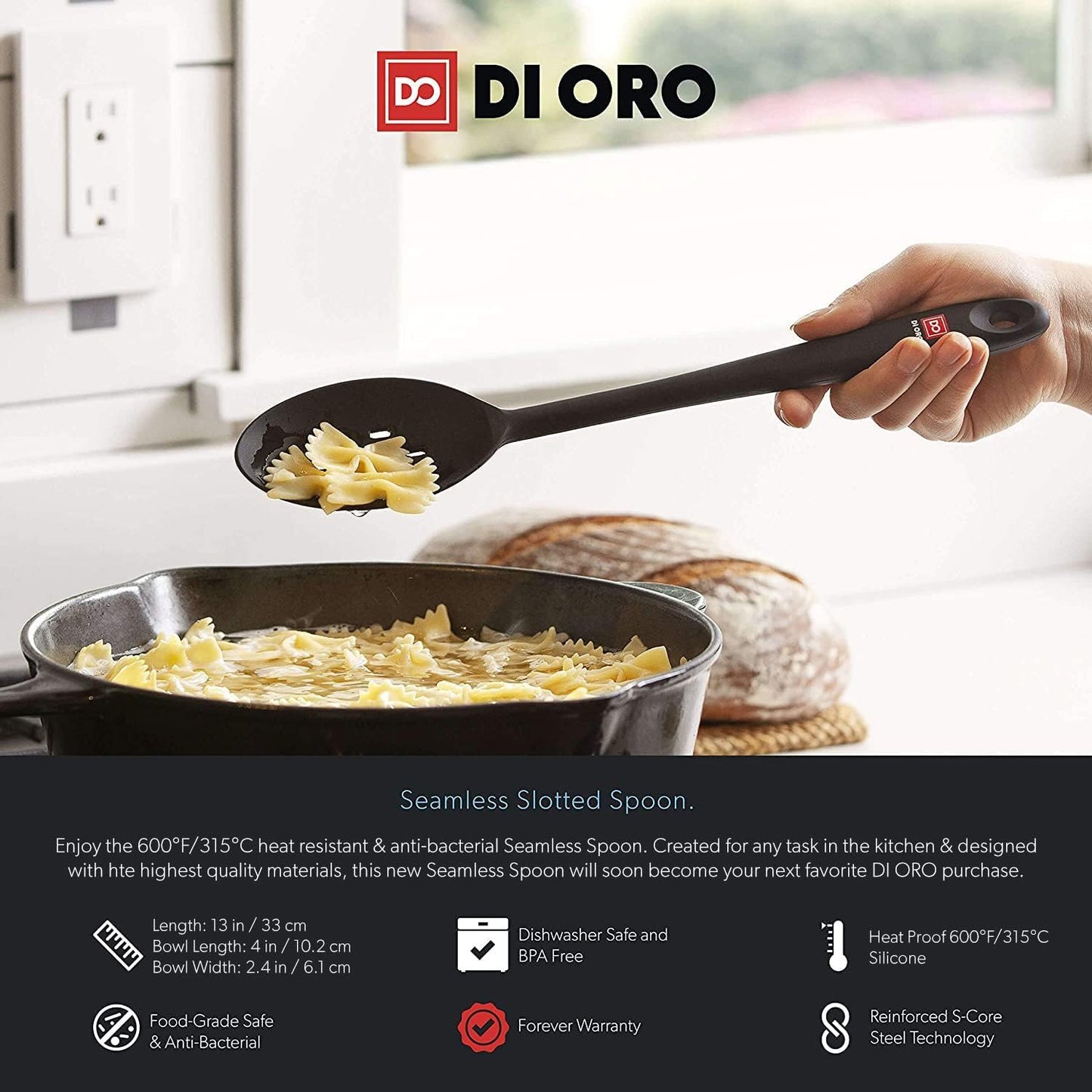 DI ORO Silicone Slotted Spoon - High Heat Silicone Spoon for Cooking & Serving - 600F Nonstick Safe - Dishwasher Safe (Black)