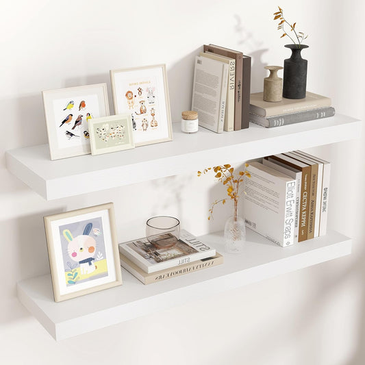 Floating Shelves - 2 Large Wall Mounted Shelves with Invisible Brackets, Long Wood Floating Wall Shelf for Living Room, Bedroom, Kitchen (White, 36" W x 9" D x 1.5" H)