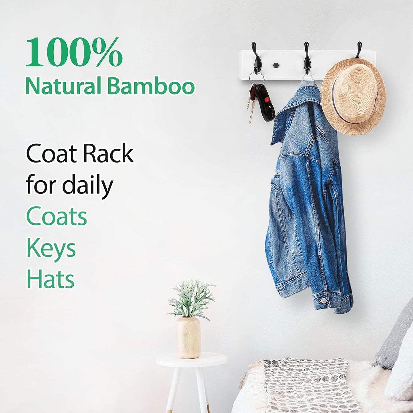 Wooden Coat Rack, Wall-Mounted Organizer for Closet, Entryway, Hallway, Foyer, Bedroom, Heavy Duty Double Hooks for Hanging Towels, Bags, Hats, Jackets, Key (WhiteBlack, 3 Hooks)