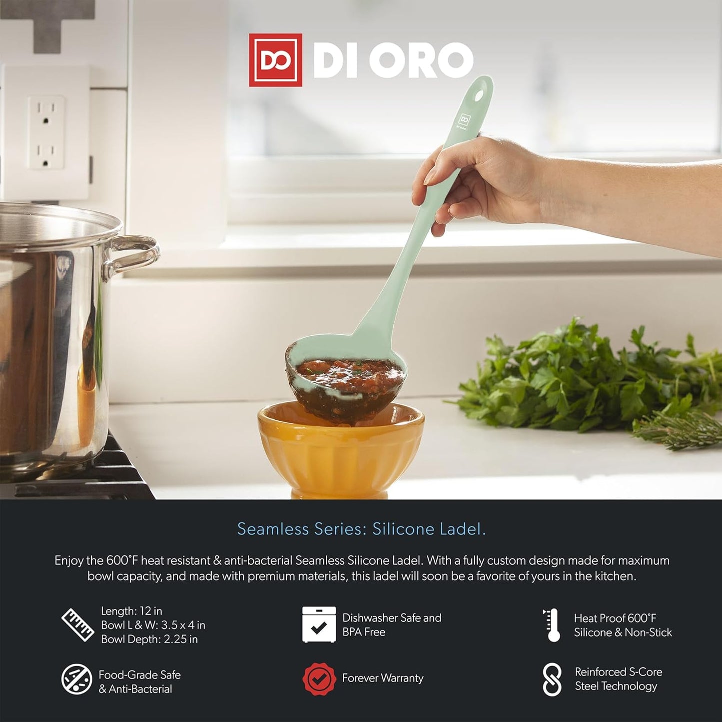 DI ORO Silicone Ladle – Soup Ladle for Cooking & Serving Heat-Resistant - Large Kitchen Soup Ladle Nonstick Cookware Safe - Soup Serving Spoon with Wide Bowl - Silicone Utensil Dishwasher Safe (Sage)