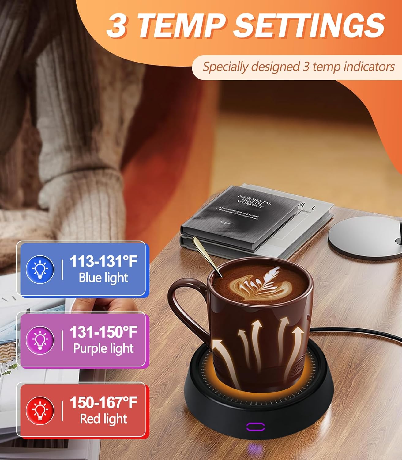 Mug Warmer - 25W Coffee Warmer for Desk Auto Shut Off, 3-Level Temp with Indicator Lights, Smart Candle Warmer Plate, Cup Warmer Heated Coaster for Coffee, Milk, Tea, Safely Use for Office/Home