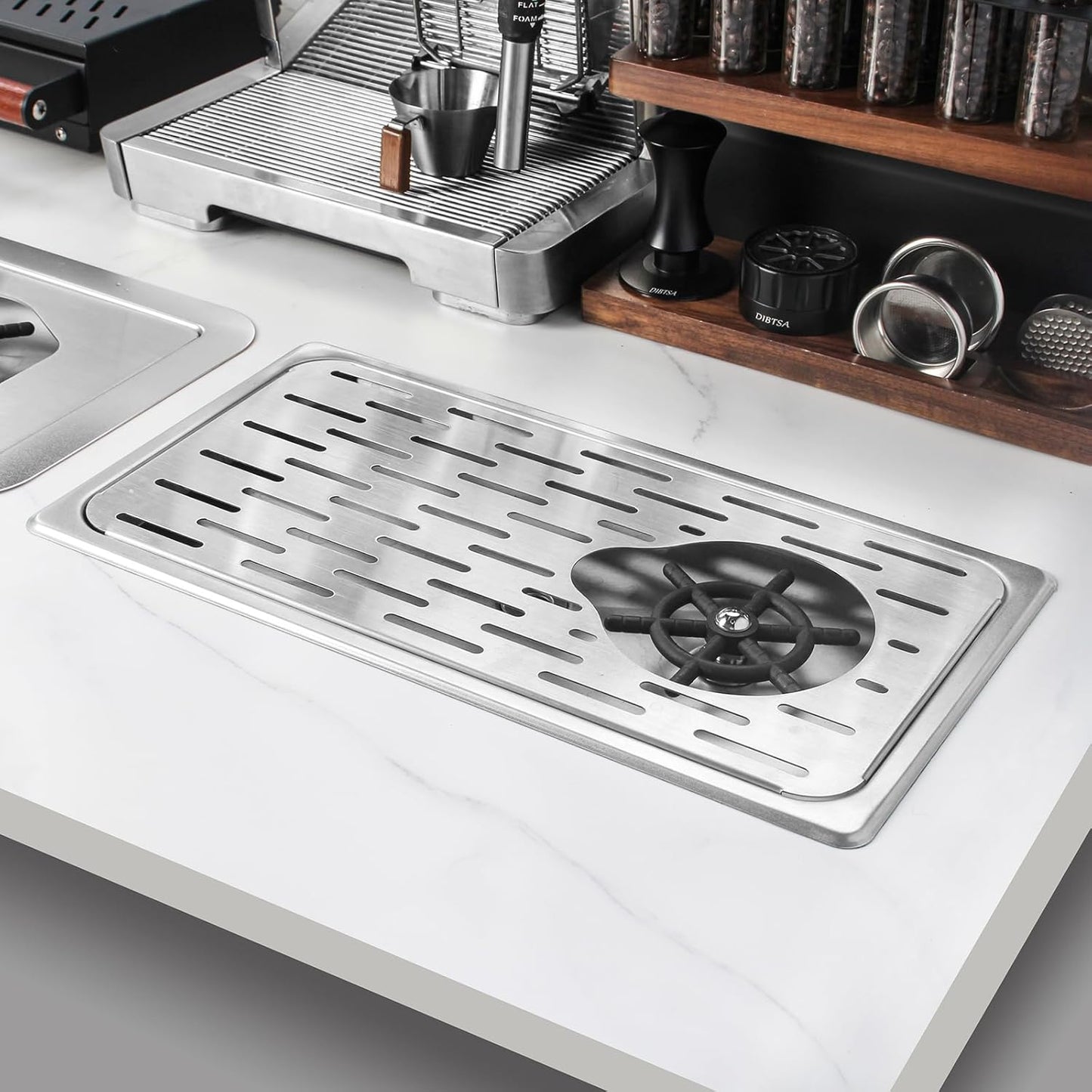 DIBTSA Pitcher Rinser, Espresso Rinser with Spray, Drain and Drip Tray, Stainless Steel Bar Glass Rinser for Sink, Cup Washer for Home Kitchen Hotel Cafe Restaurant (16.7x9.1x1.2 Inch)