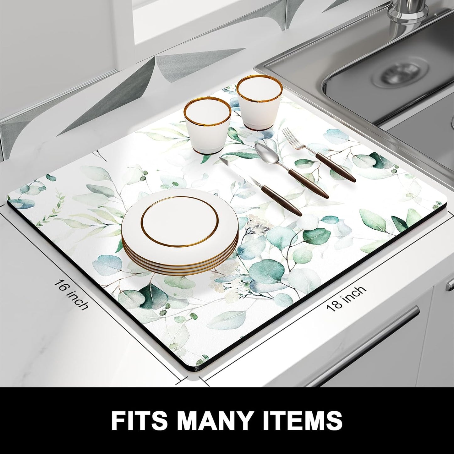 Rnivvi Dish Drying Mat for Kitchen Counter, 16 x 18" Cute Boho Theme Absorbent Heat Resistant Drying Pad with Non-slip Rubber, Coffee Bar Mats for Dish Rack Kitchen Decor Accessories, Leaves