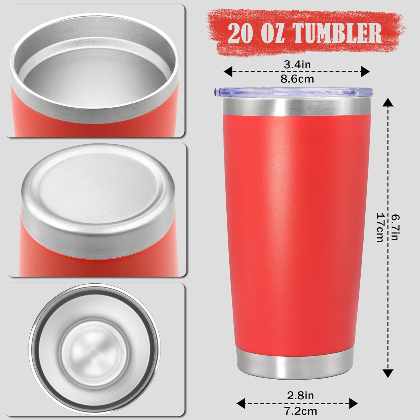 20 oz Tumbler Coffee Tavel Tumblers Bulk with Lid Stainless Steel Double Wall Vacuum Insulated Mug Powder Coated Cups fit Car Cupholder for Hot and Cold - Red, 4Pack