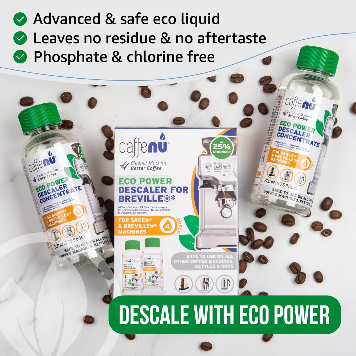 Breville Compatible Descaling Solution. 2 Bottles of Descaler Solution. Descaling Kit Removes Limescale For Hotter Coffee. 4 Uses Descaler For Breville Coffee Machines.