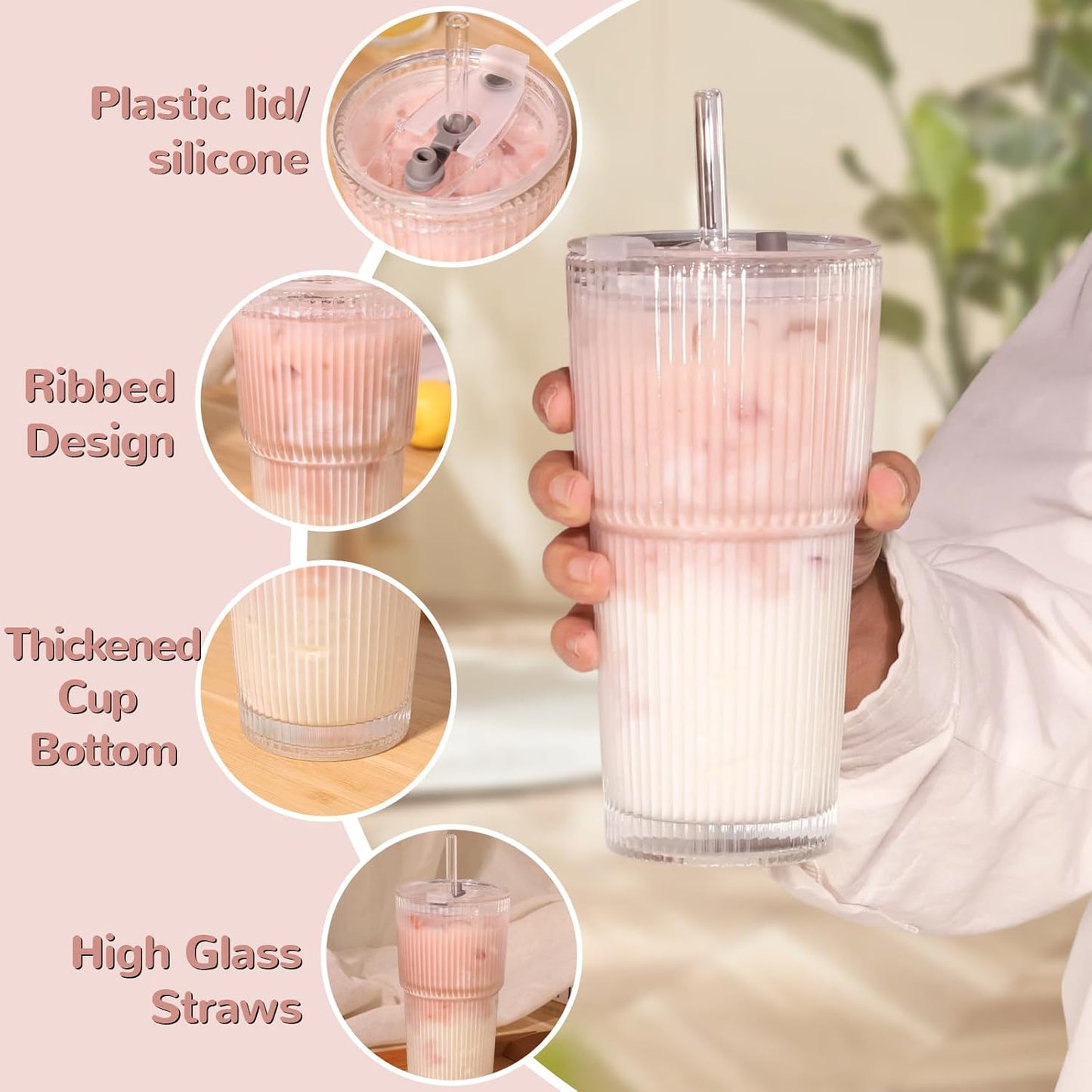 20oz Ribbed Drinking Glasses with Lids and Glass Straws-Thickened Glass cup -Vintage glass straw cups- Ideal for Iced Coffees, Cocktails, Juices, Family Use and Parties (6)