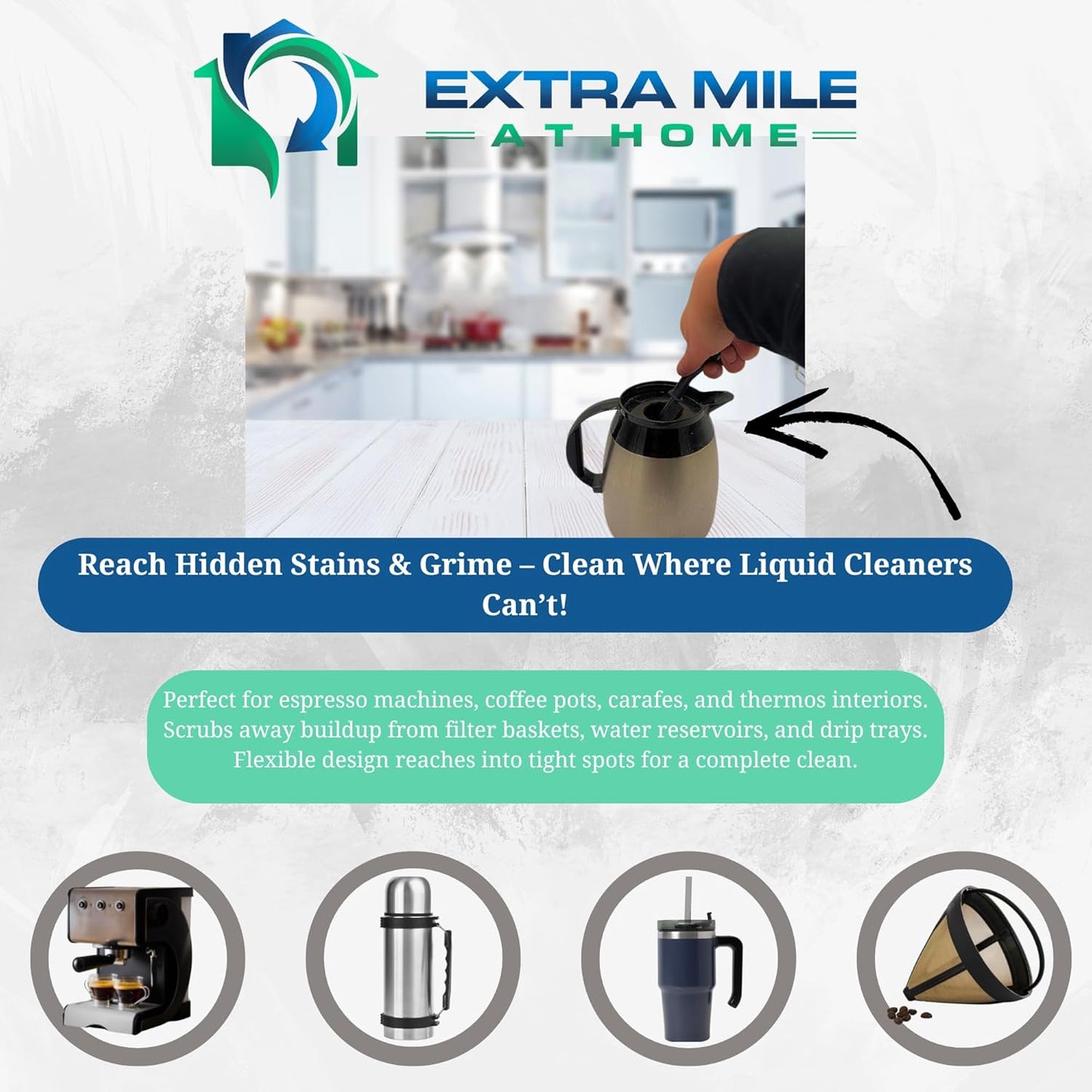 Coffee Maker Cleaning Kit 2 Bottles Heavy-Duty Descaler, Crevice Brush & 12"x12" Microfiber Cloth Removes Stains & Residue from Drip Coffee Pots, Espresso Machines