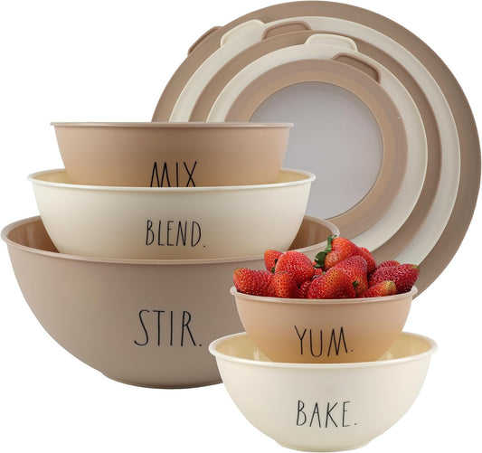 Rae Dunn Mixing Bowls with Lids - 10 Piece Plastic Nesting Bowls Set includes 5 Prep Bowls and 5 Lids (Brown)