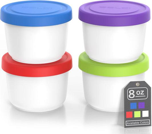 BALCI - 8oz Mini Ice Cream Containers with Silicone Lids (Set of 4) - Freezer Food Storage Containers, Reusable, LeakProof, For Homemade IceCream Containers - Blue, Red, Green, Purple