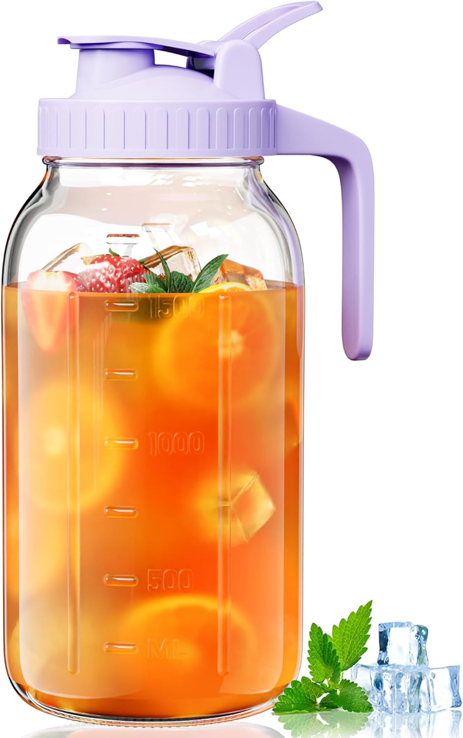 64oz Glass Mason Jar Pitcher with Lid Wide Mouth, 2 Quart Leakproof Glass Water Jug for Juice, Sun Iced Tea, Cold Brew Coffee, Milk Storage, Purple