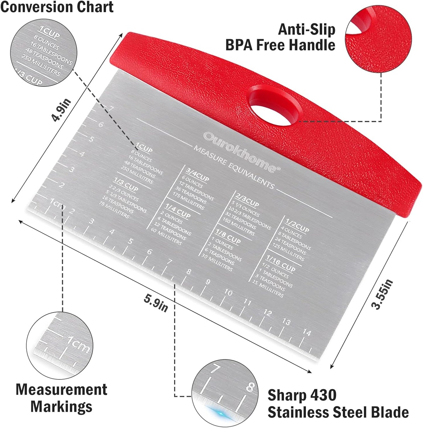 Ourokhome Dough Pastry Bench Cutter Scraper, Stainless Steel Pizza Cutter for Kitchen Baking, Dishwasher Safe, Anti-Wear Laser-Engraved Measuring Scale and Conversion Chart, 2 Pack, Red