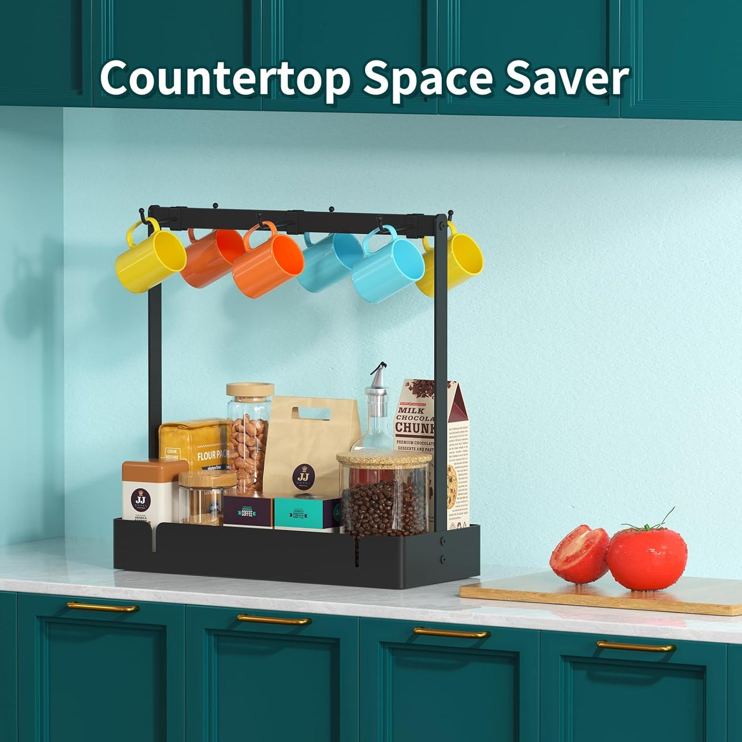 Coffee Mug Holder with Movable Hooks, 6-Mug Capacity Countertop Coffee Cup Rack with Storage Base