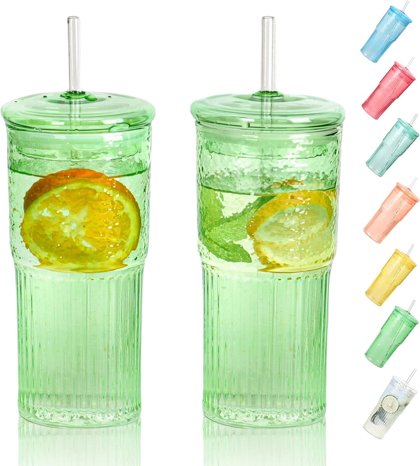 20 OZ Glass Cup with Lids and Glass Straws, High Borosilicate Iced Coffee Glass Tumblers with Lid and Straw for Drinks, 2pcs Reusable Wide Mouth Smoothie Cup(Green)