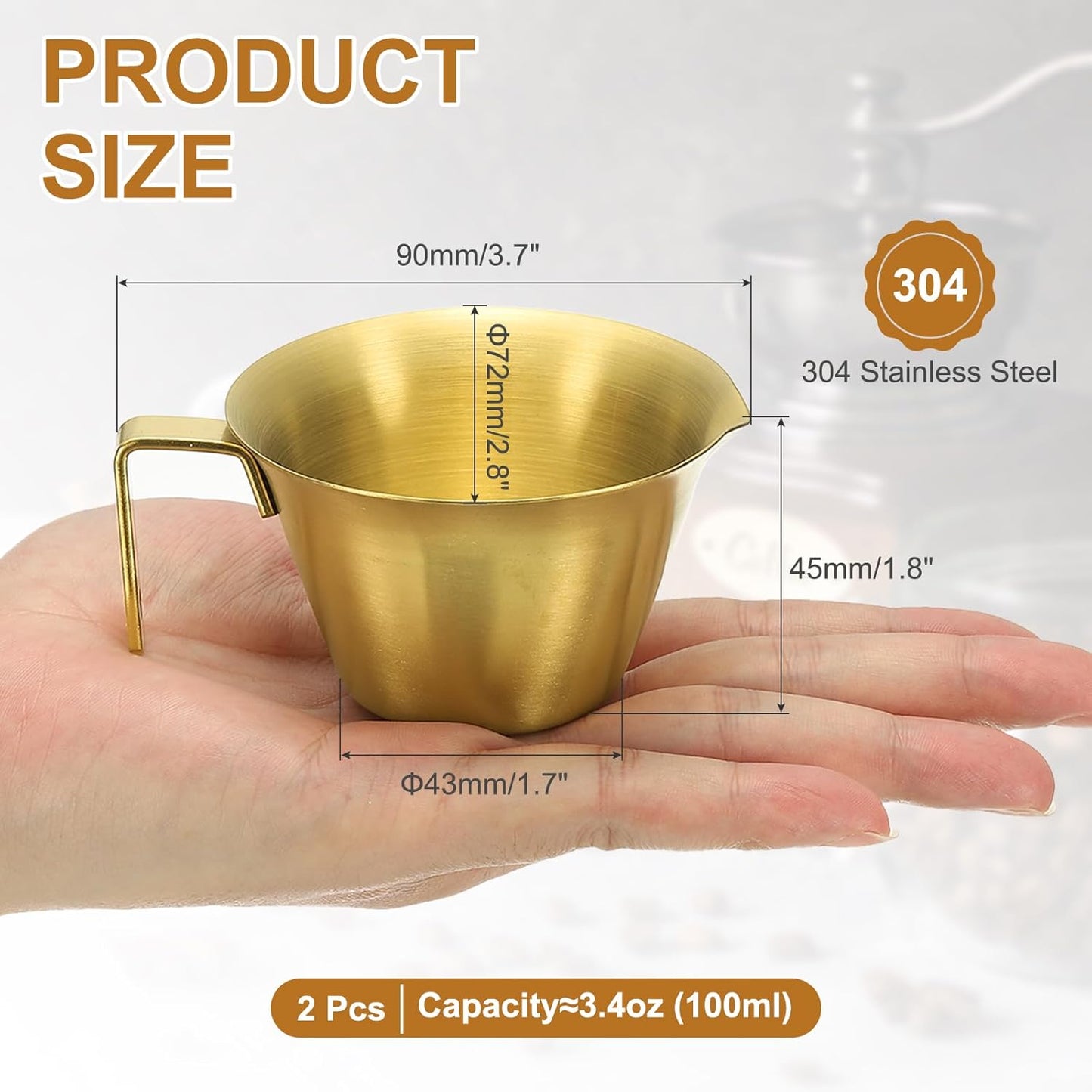 uxcell 2 Pcs Stainless Steel Espresso Cup with Handle, V-Shaped Mouth Espresso Measuring Cup with Scale for Preparing Coffee, Cocktails, 3.4OZ/100ML (Gold)