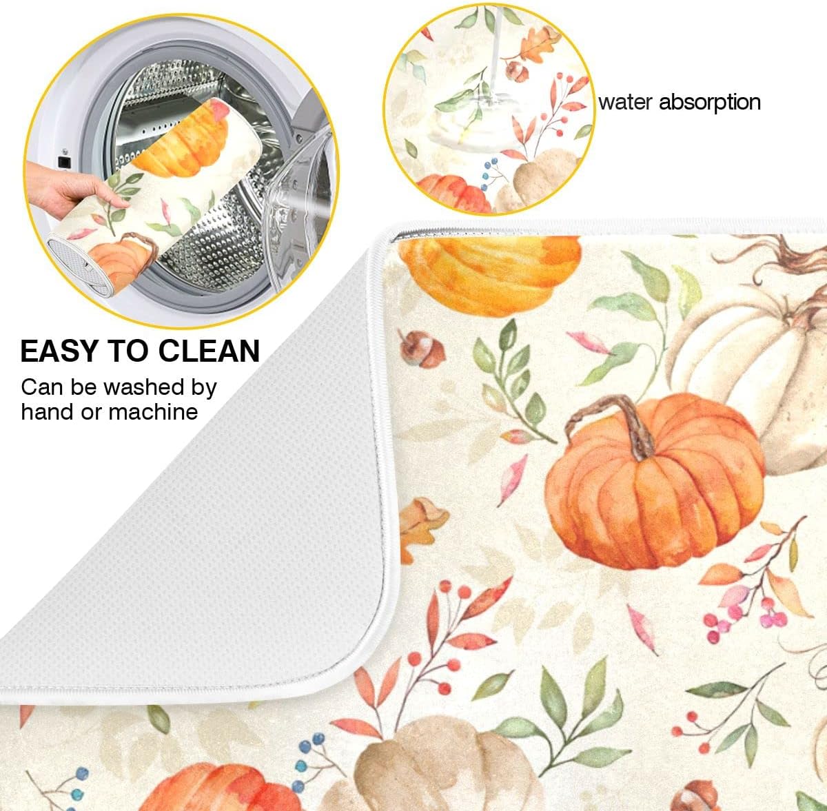Autumn Fall Dish Drying Mat for Kitchen Counter Watercolor Pumpkin Maple Leaf Drying Mat 18 x 24 Inch with Absorbent Reversible Microfiber Dish Drying Pad Dish Rack Drainer Mats for Coffee Bar