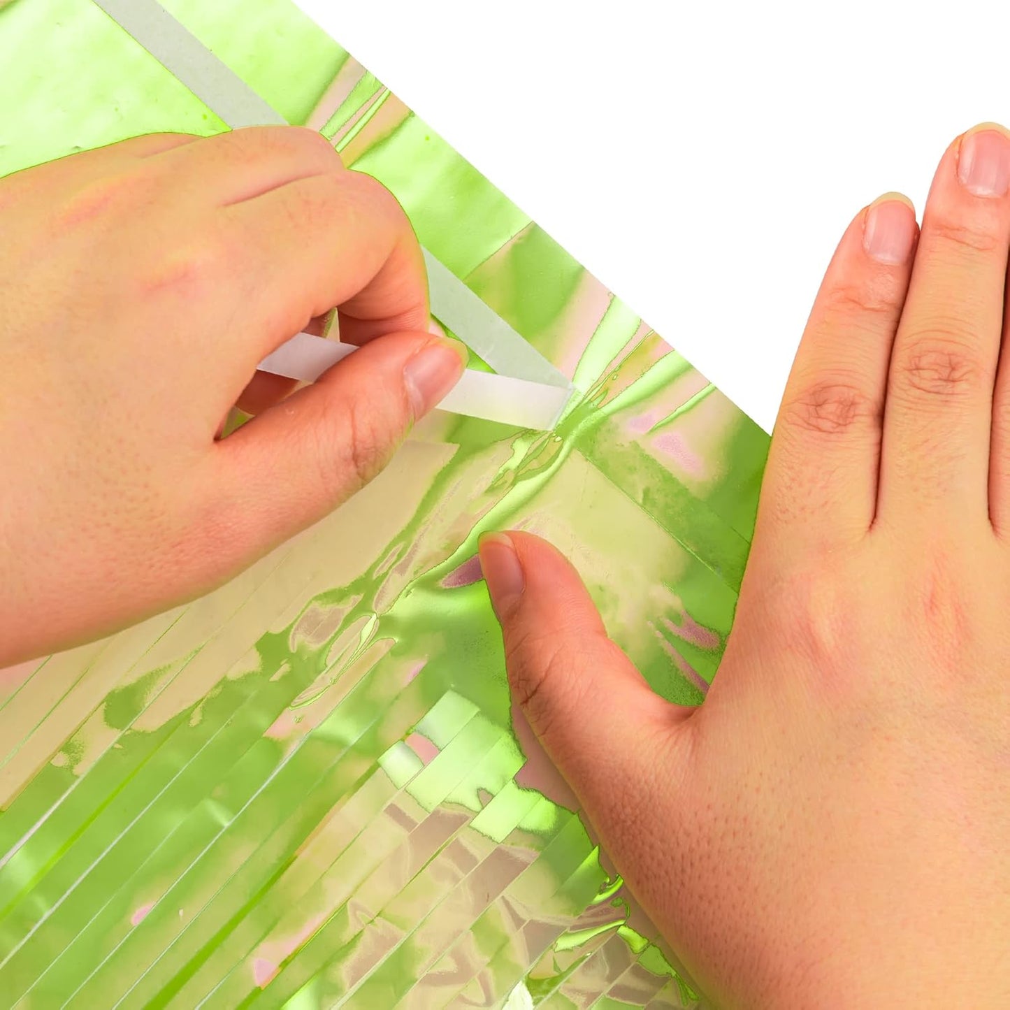 BRAVESHINE Iridescent Foil Fringe Backdrop - 2 Pack 3.2 x 6.5 ft Holographic Tinsel Curtain Party Streamers Photo Backdrop for Birthdays Dinosaur Theme Christmas Patricks Decorations - Clear Green