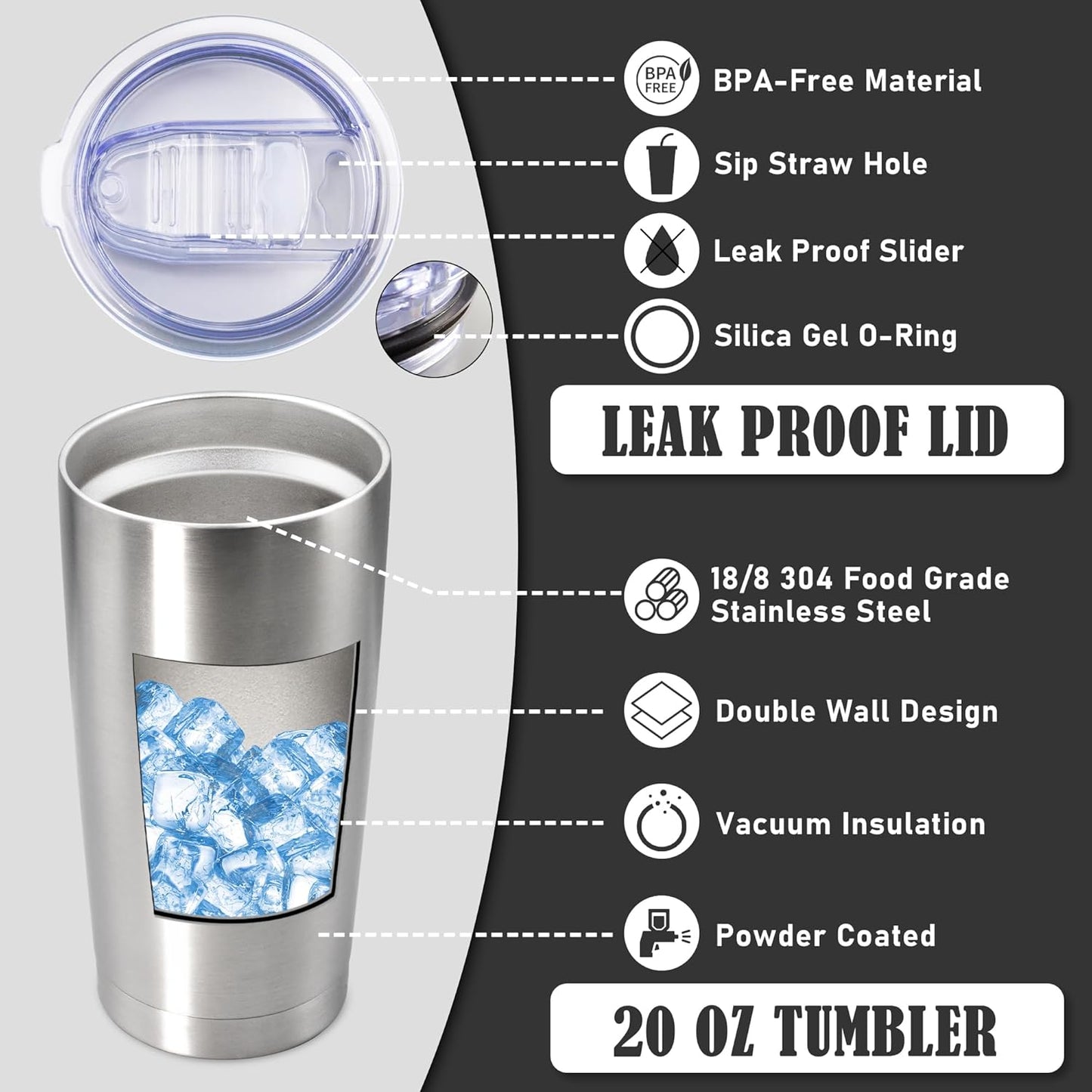 20 oz Tumbler Coffee Tavel Tumblers Bulk with Lid Stainless Steel Double Wall Vacuum Insulated Mug Powder Coated Cups fit Car Cupholder for Hot and Cold - Stainless Steel, 8Pack