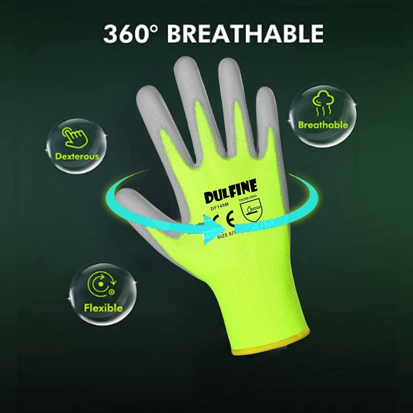 DULFINE Safety Work Gloves for Men PU Coated 60 Pairs Bulk Pack,Hi-Vis Yellow Seamless Knit Glove with thin Polyurethane Coated Smooth Grip on Palm & Fingers,Ideal for General Duty Work (Medium)