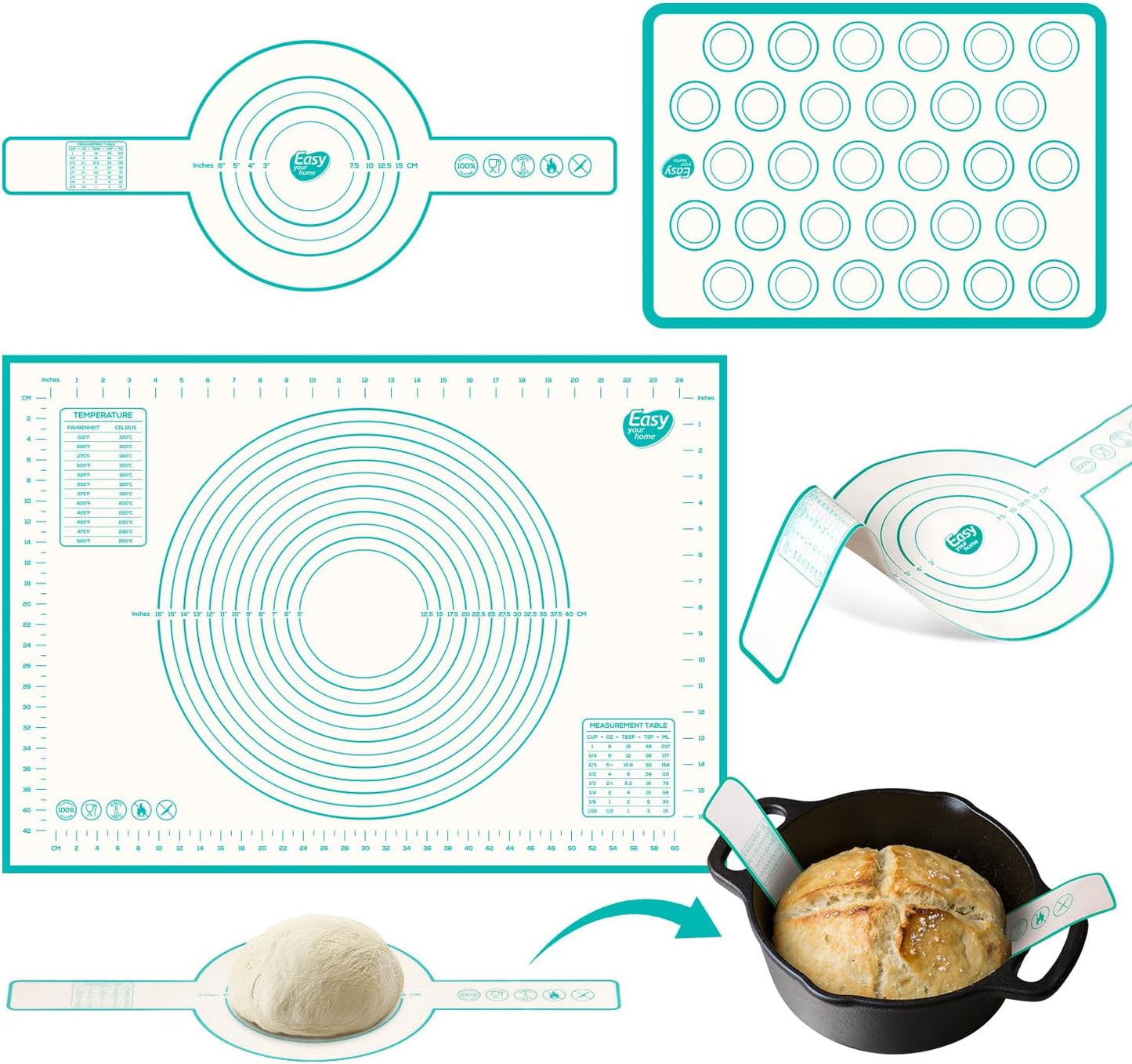 3PCS Silicone Bread sling & Silicone Baking Mat & Macaron Baking Sheet, Non-Stick Reusable Bread Making Tools for Kneading Dough Rolling Pastry and Baking Accessories