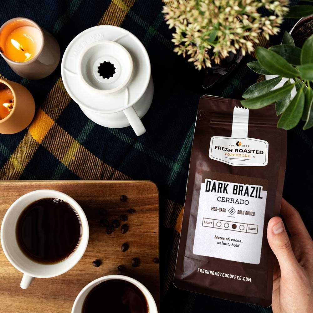 Fresh Roasted Coffee, Dark Brazil, 12 oz, Med-Dark Roast, Kosher, Ground