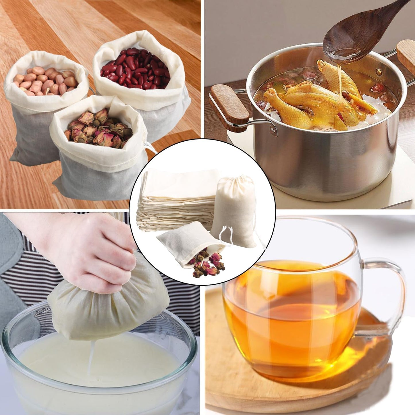 Eketirry Spice Bags, 10pcs Reusable Empty Tea Bags, Muslin Strainer Bags, Soup Bags for Cooking, Natural Cotton Fine Mesh Cheesecloth Bags for Cold Brew Coffee(7 x8Inch)