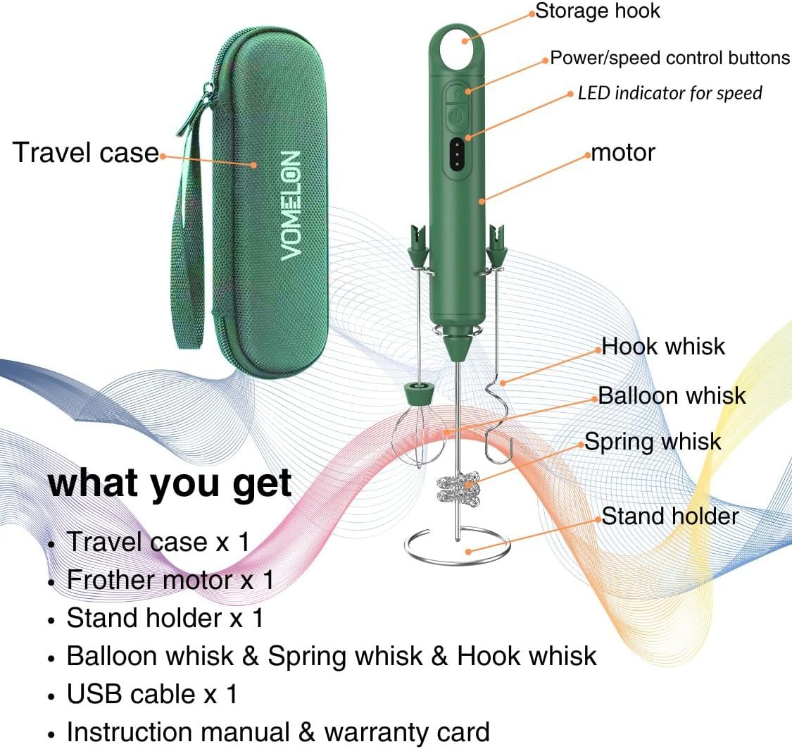 Rechargeable Milk Frother Handheld 3 Speed Coffee Foamer [3 Whisk] Electric Drink Mixer for Latte, Cappuccino, Coffee, Eggs, Hot Chocolate,Grass Green